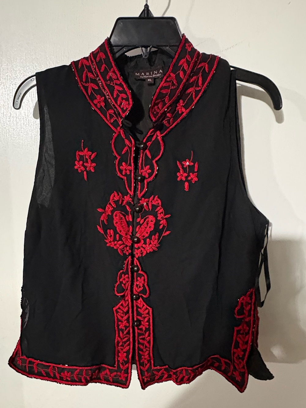 MARINA Black Vest with Red Floral Embroidery